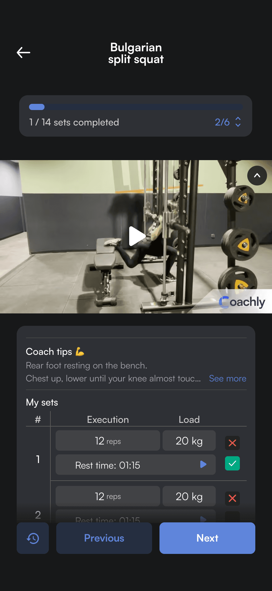 Session in progress in the athlete app: Bulgarian split squat video, coach tips and sets at 20 kg, 1 of 14 sets completed.