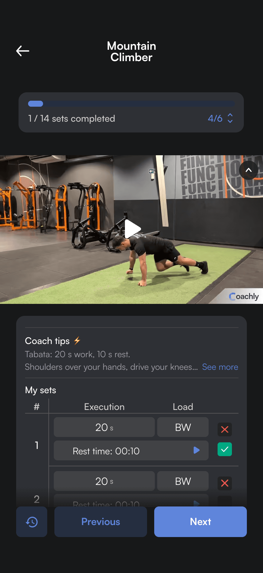 Session in progress in the athlete app: mountain climber video, 20 s / 10 s Tabata and coach tips, 1 of 14 sets completed.