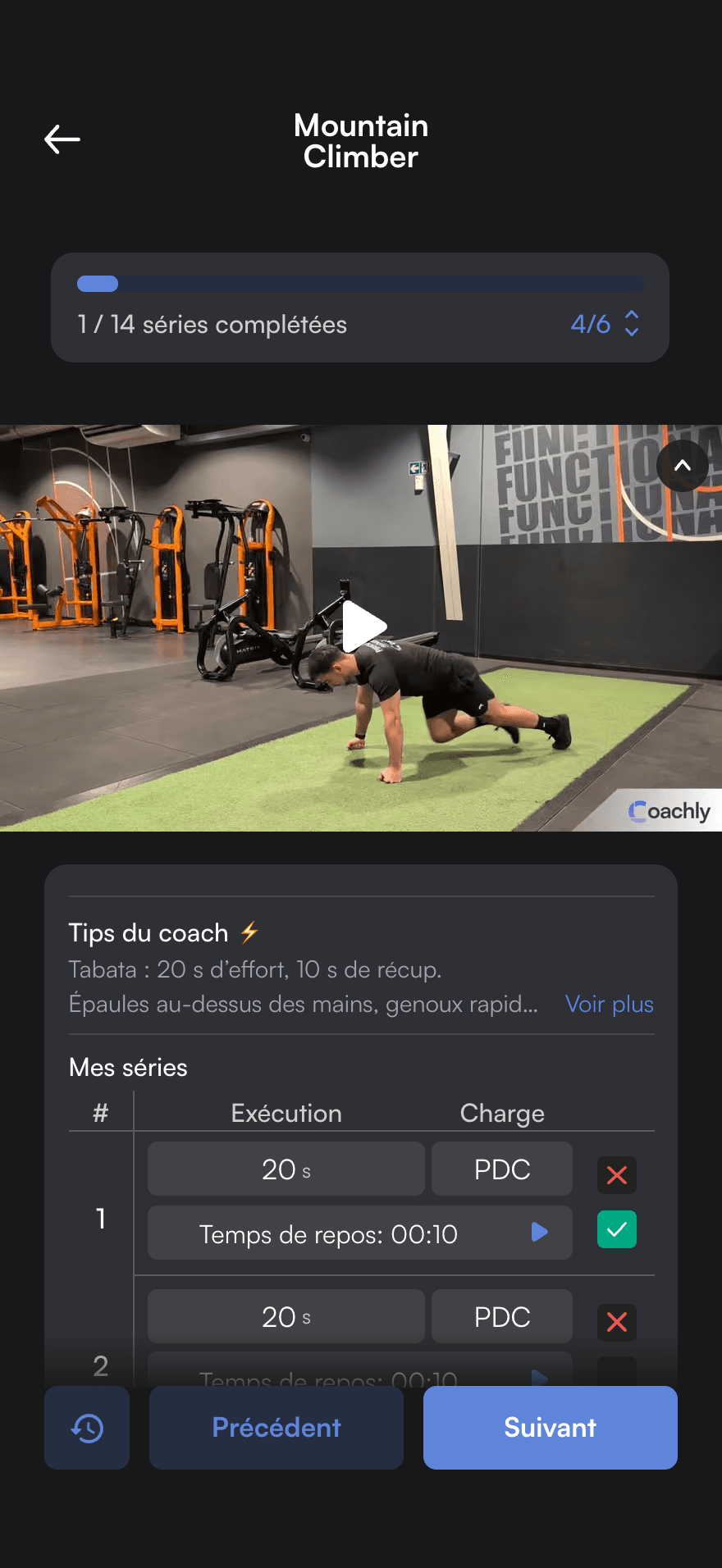Séance en cours dans l’app sportif : mountain climber en vidéo, Tabata 20 s / 10 s et conseils du coach, 1 série sur 14 complétée.