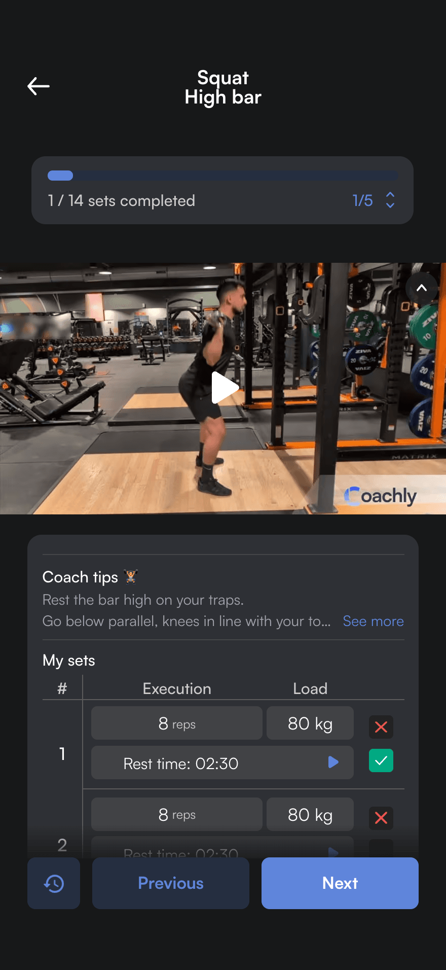Session in progress in the athlete app: high bar squat video, coach tips and sets at 80 kg, 1 of 14 sets completed.