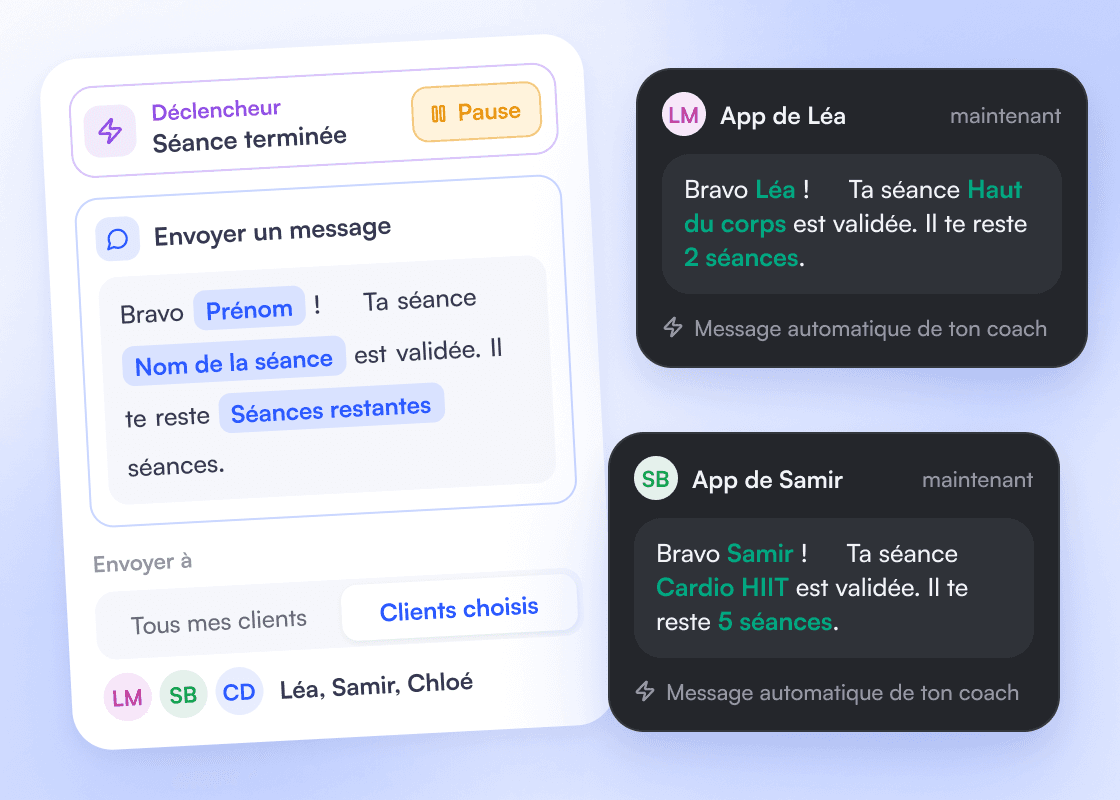 Un message écrit une fois avec les variables prénom, nom de la séance et séances restantes, envoyé à des clients choisis ; dans l’app, Léa et Samir reçoivent chacun leur version.