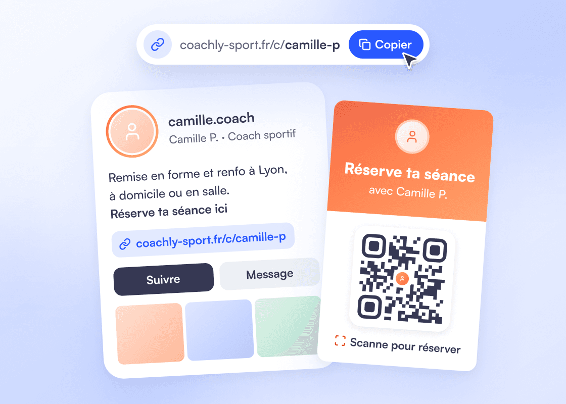 Le lien à son nom copié dans une bio de réseau social, et le QR code « Scanne pour réserver » sur une affiche aux couleurs de Camille P.