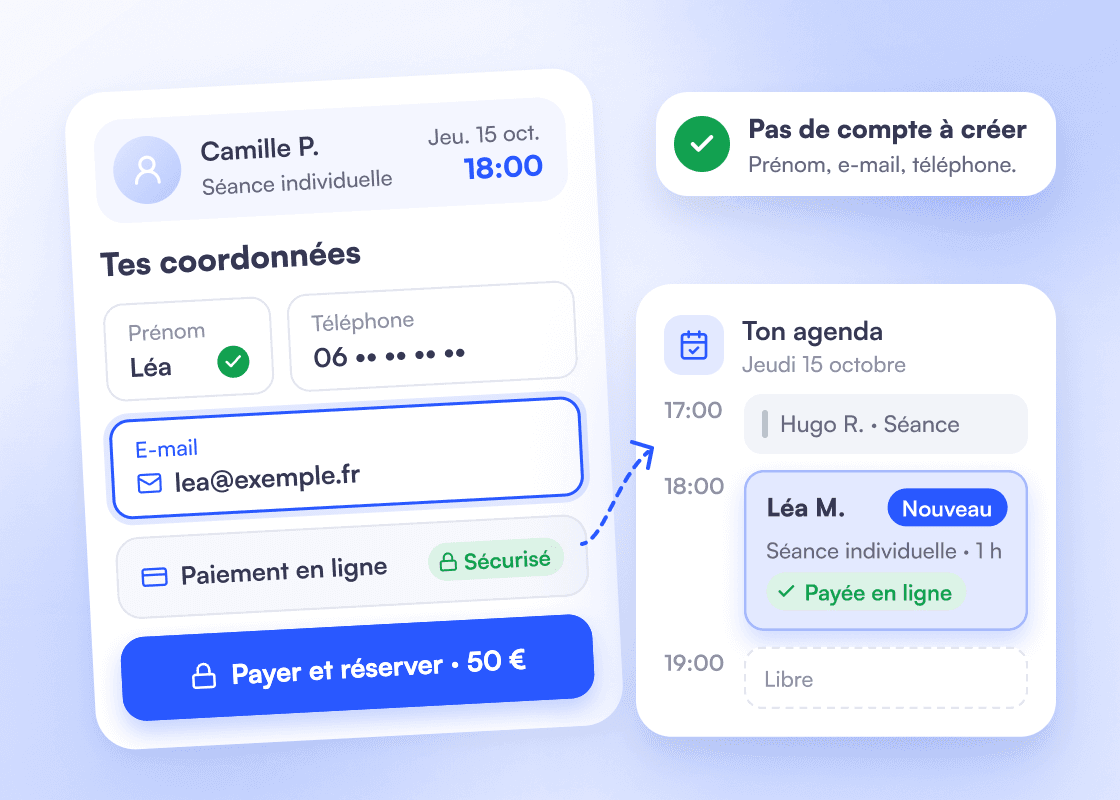 Réservation sans compte : prénom, téléphone, e-mail et paiement en ligne sécurisé, puis la séance de Léa M. qui arrive dans l’agenda du coach, payée en ligne.