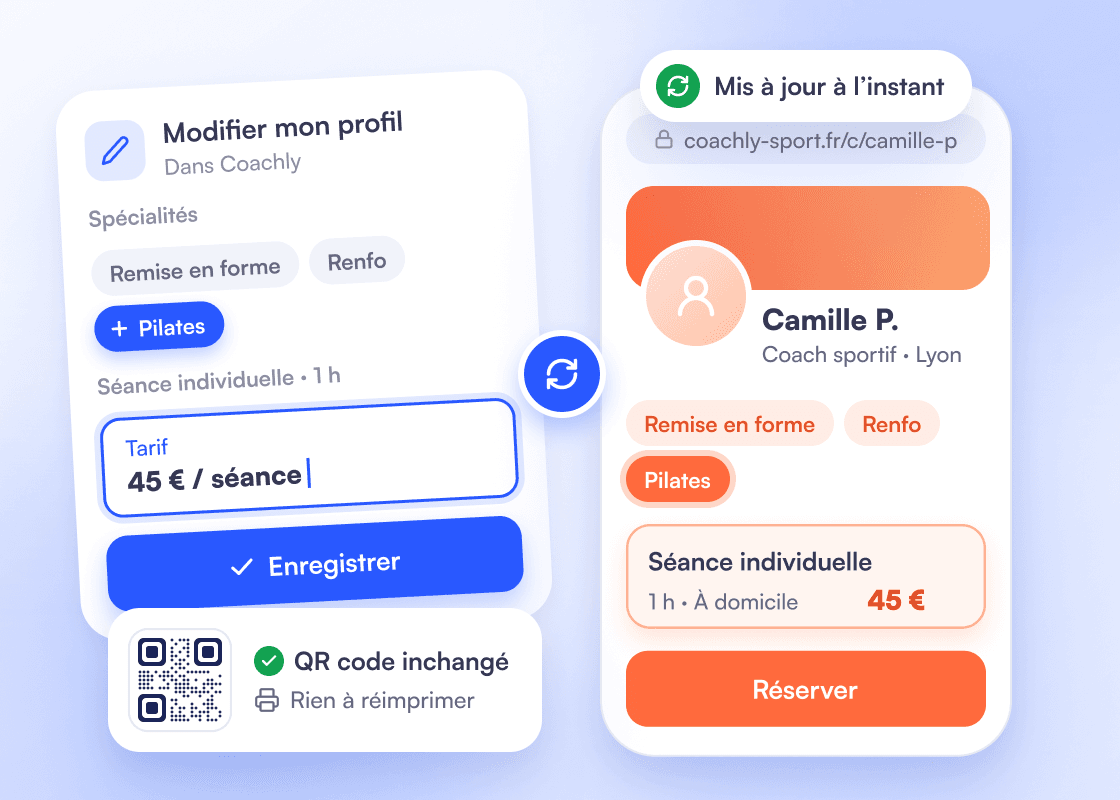 Le coach ajoute la spécialité Pilates et change un tarif dans Coachly : sa carte de visite se met à jour à l’instant, et le QR code reste le même.
