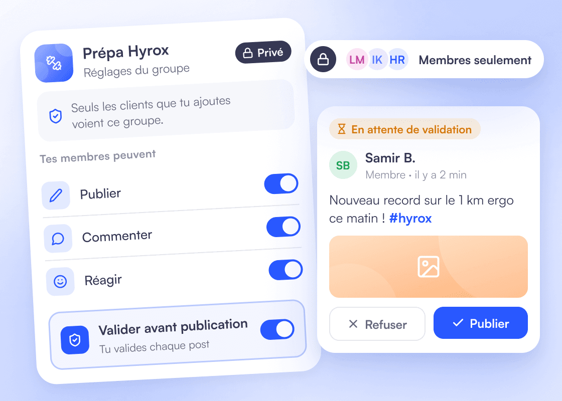 Réglages du groupe privé « Prépa Hyrox » : les membres peuvent publier, commenter et réagir, avec validation avant publication ; une publication de Samir B. attend d’être validée.