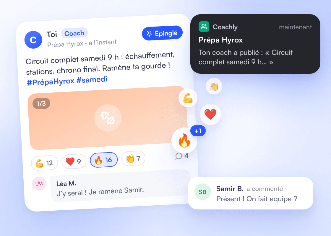 Publication épinglée du coach dans « Prépa Hyrox » avec photo, #hashtags et réactions 💪 ❤️ 🔥 👏, la notification reçue par les membres et un nouveau commentaire de Samir B.