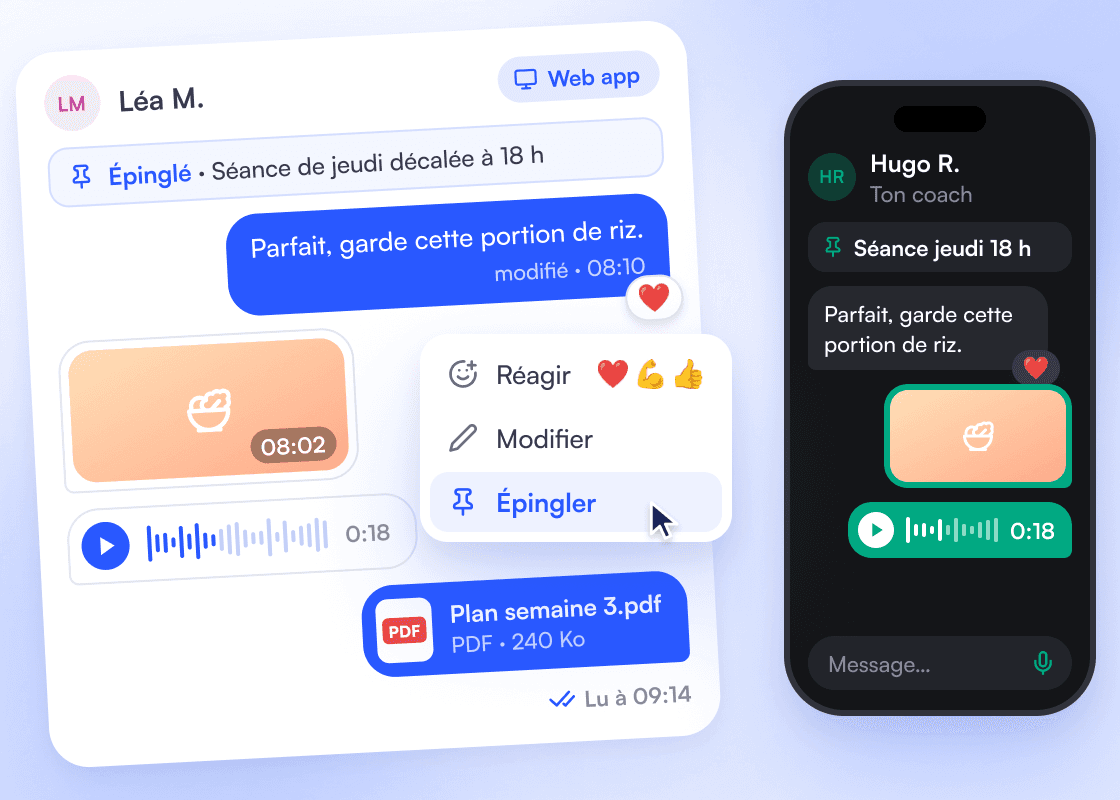 Conversation avec Léa M. dans la web app : message épinglé, message modifié avec une réaction, photo de repas, vocal, PDF « Plan semaine 3 » et « Lu à 09:14 », menu Réagir, Modifier, Épingler ; à droite, la même conversation dans l’app de Léa.
