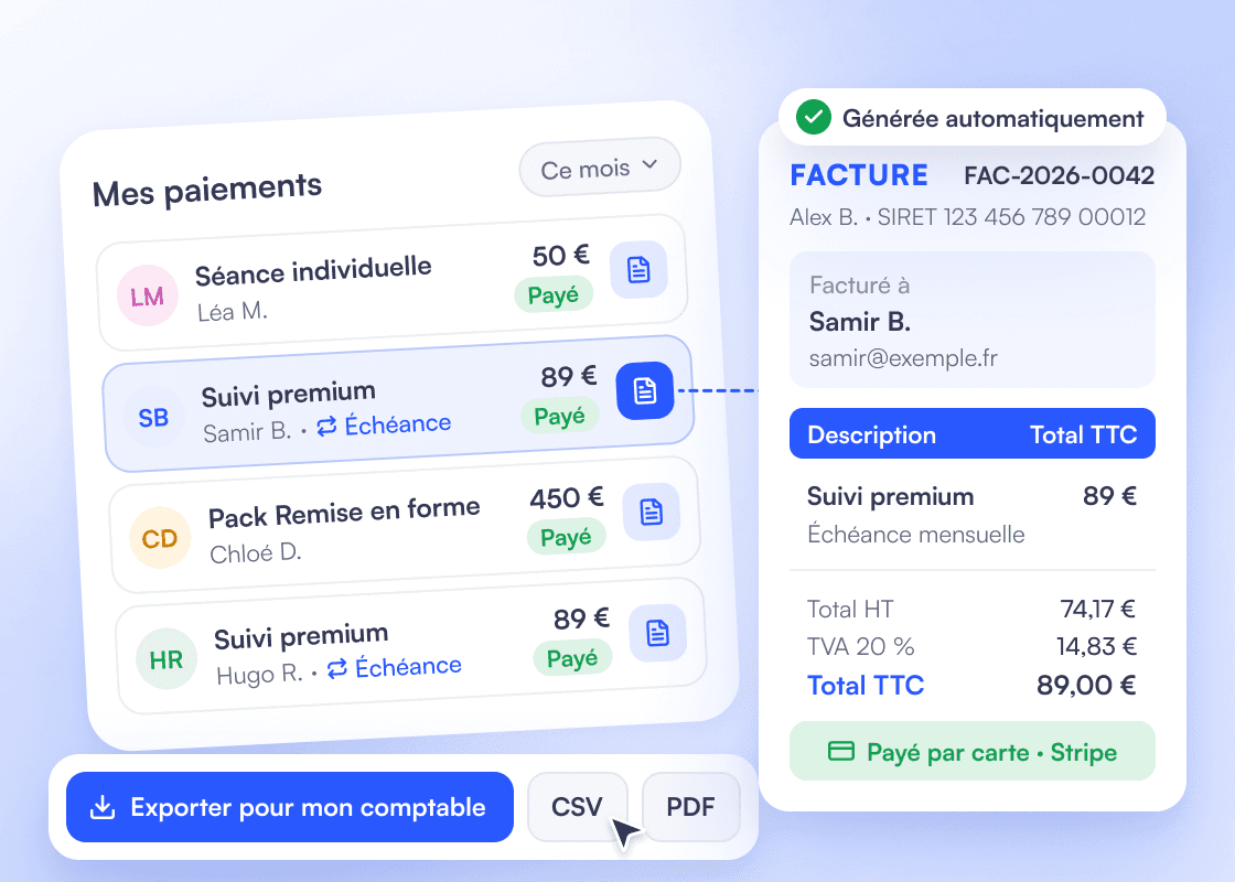 « Mes paiements » du mois : quatre paiements payés, chacun avec sa facture PDF, dont la facture FAC-2026-0042 de Samir B. générée automatiquement pour une échéance de Suivi premium ; en bas, l’export pour le comptable en CSV ou PDF.