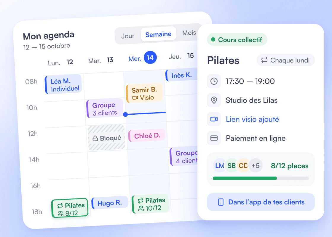 Week calendar: one-to-one sessions, small groups, a video session, a recurring Pilates group class with its spots and a blocked slot; the Monday Pilates card: every Monday, time, place, video link, payment and 8 of 12 spots booked.