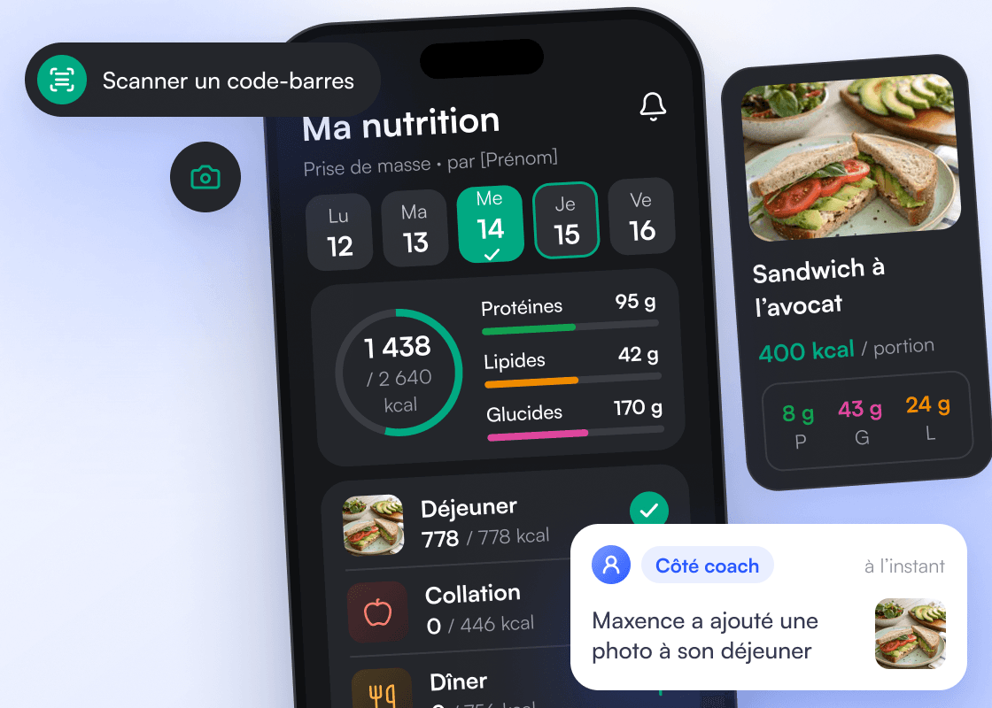 Écran « Ma nutrition » de l’app Coachly côté client : calories et macros du jour, repas validés, scan de code-barres et photo du déjeuner partagée au coach.