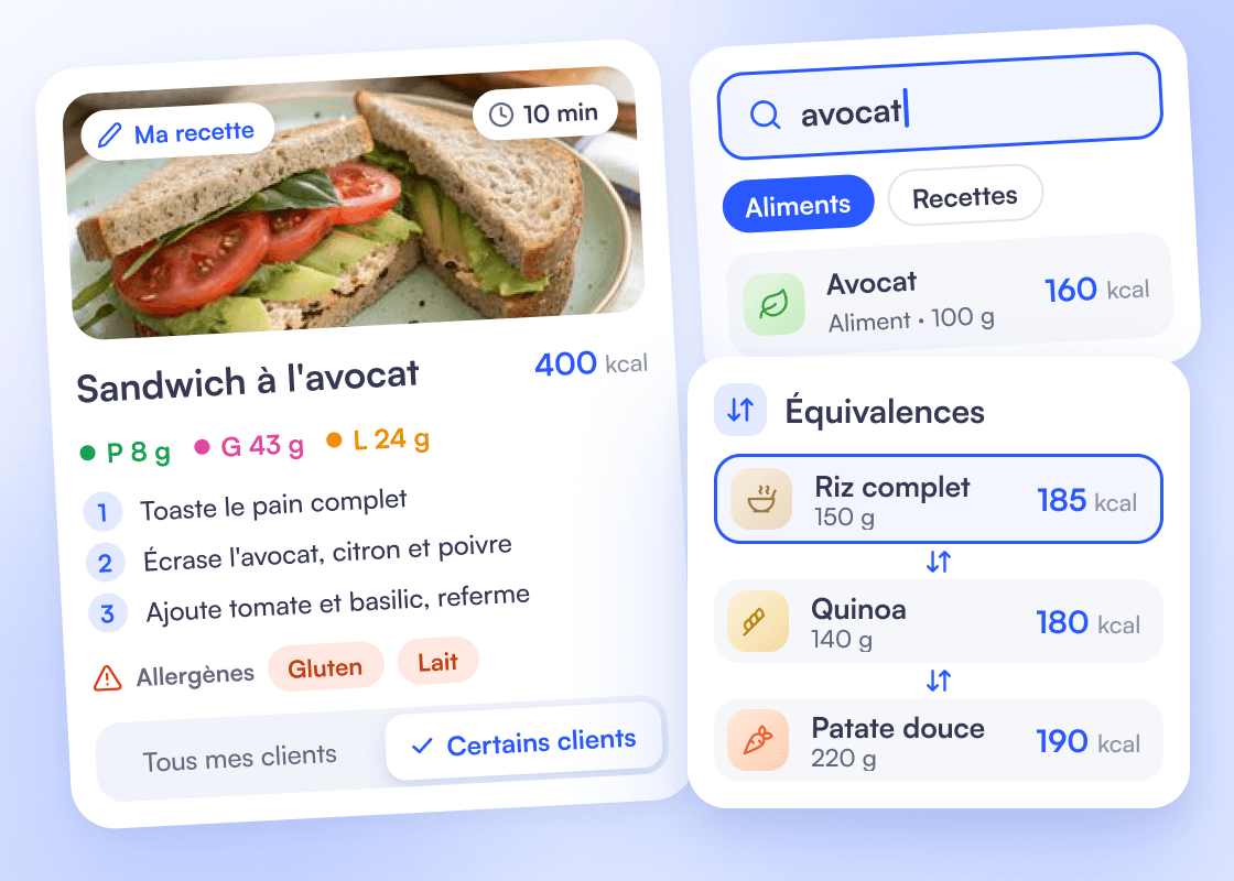 Recette « Sandwich à l’avocat » avec photo, macros, étapes, allergènes et partage à certains clients, à côté de la recherche d’aliments et des équivalences riz complet, quinoa et patate douce.