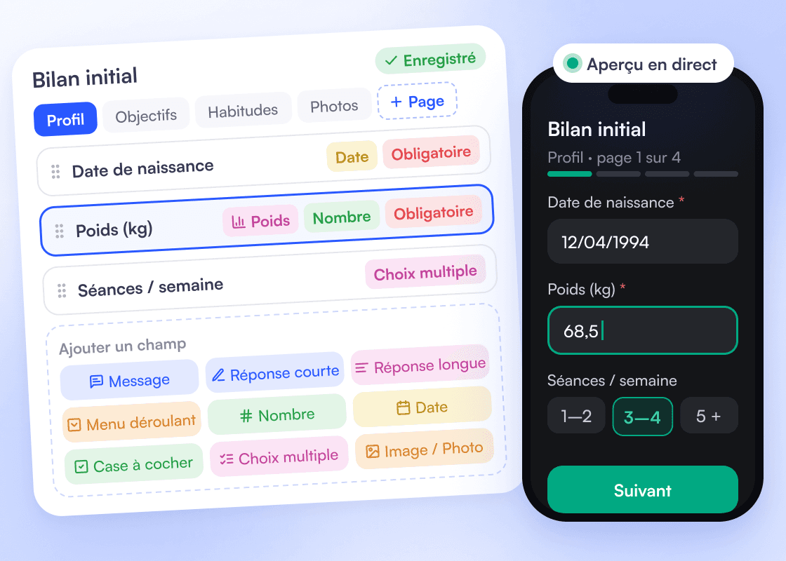 Editor of the “Initial assessment” questionnaire: pages, questions with their type, a required Weight question linked to the metric, the grid of 9 field types, and the live preview in the client app.