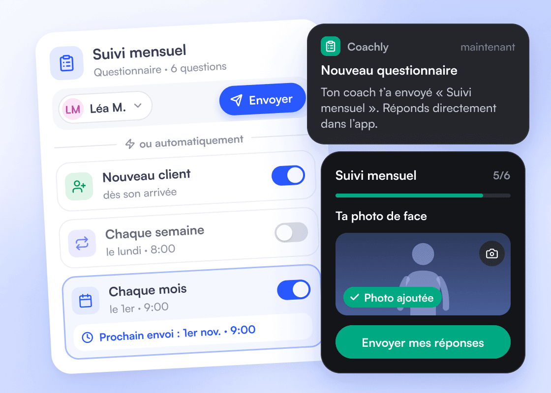 “Monthly check-in” questionnaire sent to Léa M. in one click or automatically (new client, every week, every month), and on the client side the notification then the answer screen with the front photo.