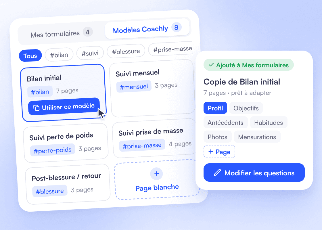 “Coachly templates” tab with tag filters and the Initial assessment, Monthly check-in, Weight loss, Muscle gain and Post-injury templates: “Use this template” creates a “Copy of Initial assessment”, 7 pages ready to adapt.