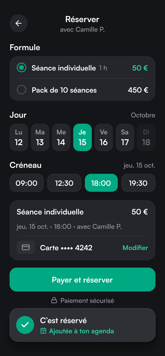 Réservation dans l’app sportif : séance individuelle à 50 €, jeudi 15 octobre à 18:00, paiement par carte, puis « C’est réservé · Ajoutée à ton agenda ».