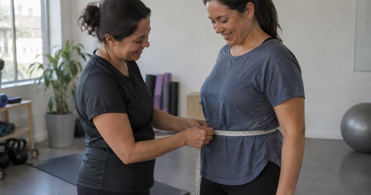 Une coach mesure le tour de taille d’une cliente pendant un bilan