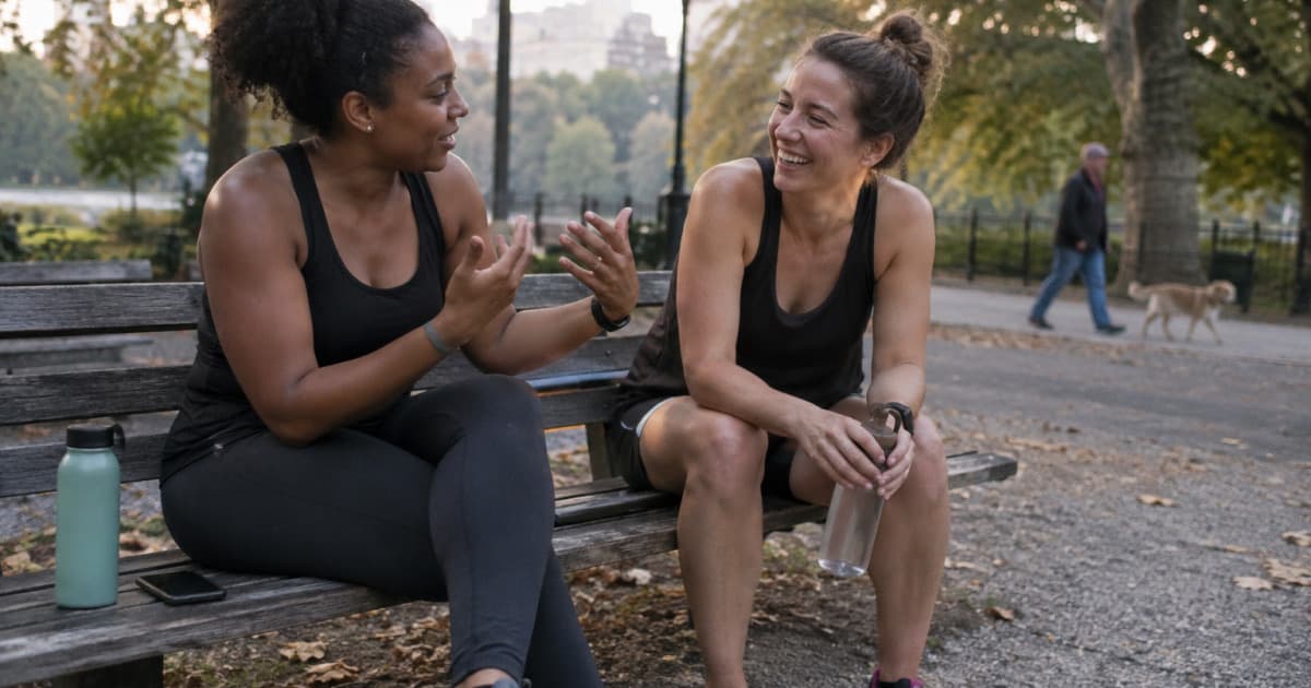 Deux amies en tenue de sport discutent sur un banc après un footing