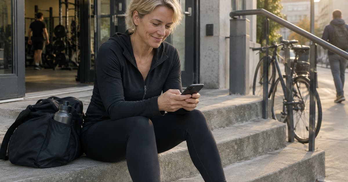 Une coach envoie un message à un client depuis son téléphone devant la salle