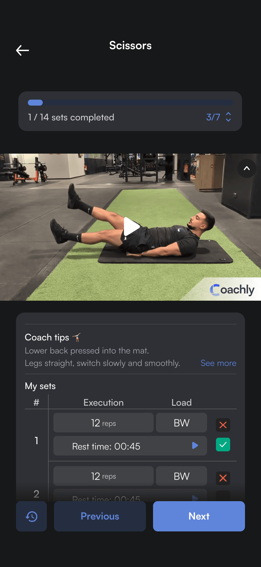 Session in progress in the athlete app: scissors video, coach tips and 12-rep sets, 1 of 14 sets completed.