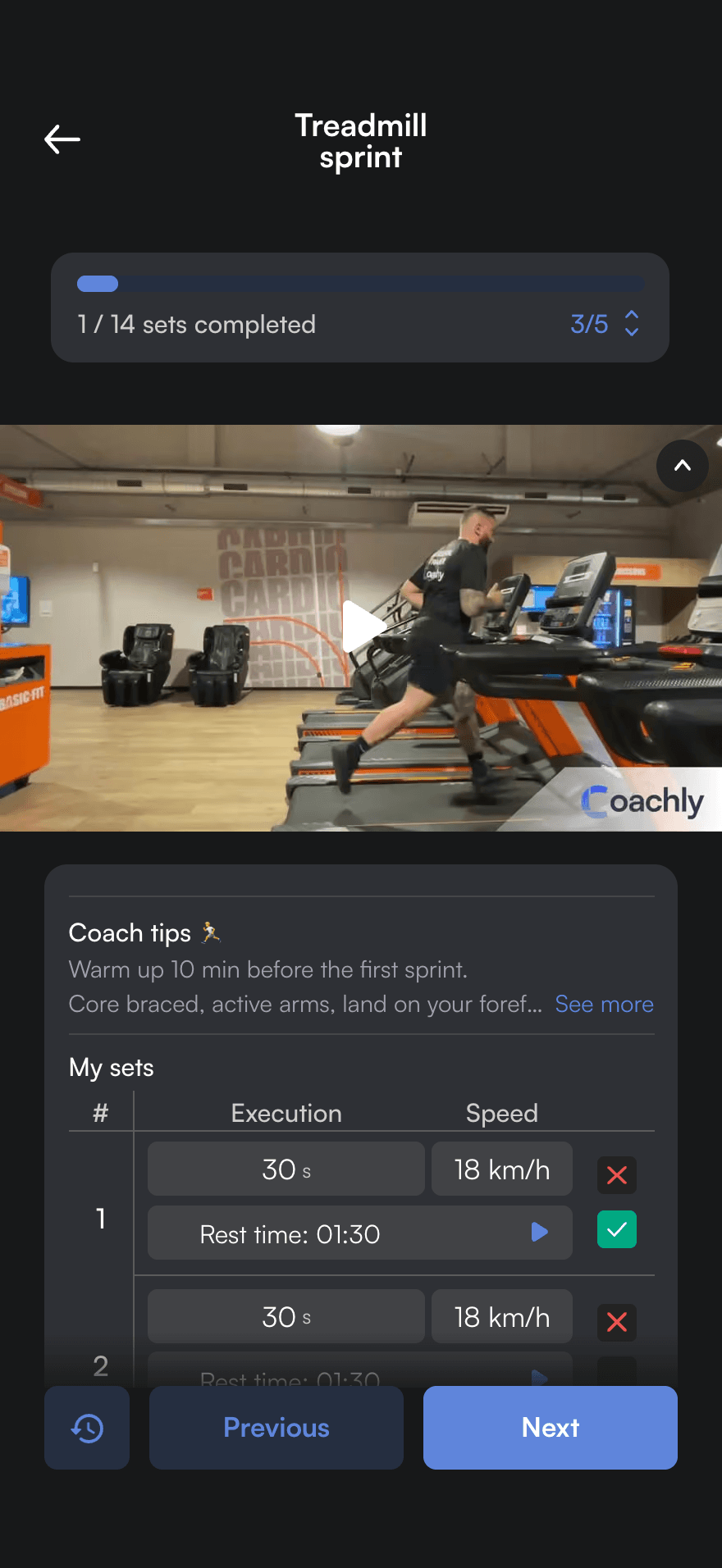 Session in progress in the athlete app: treadmill sprint video, 30 s sets at 18 km/h and coach tips, 1 of 14 sets completed.