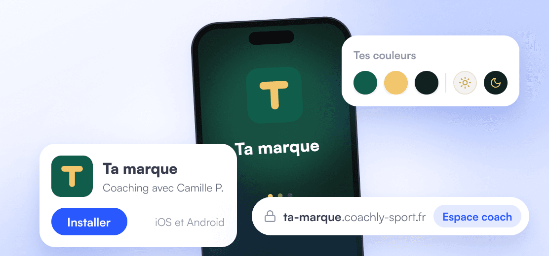 The “Your brand” app on its splash screen, its listing to install on iOS and Android, its colours in light and dark mode and the coach workspace on its subdomain.