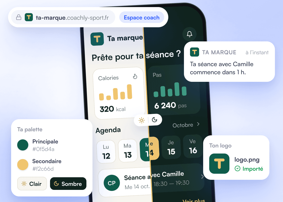 L’accueil de l’app « Ta marque » en mode clair et sombre, la palette vert sapin et sable, le logo importé, une notification signée « Ta marque » et l’espace coach sur son sous-domaine.