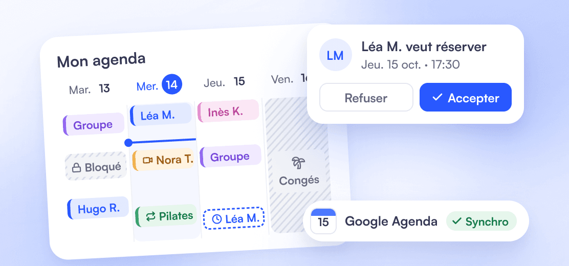 Week calendar with sessions, a blocked slot, a pending booking and a Friday off; in front, the “Léa M. wants to book” request with Decline and Accept, and Google Calendar synced.