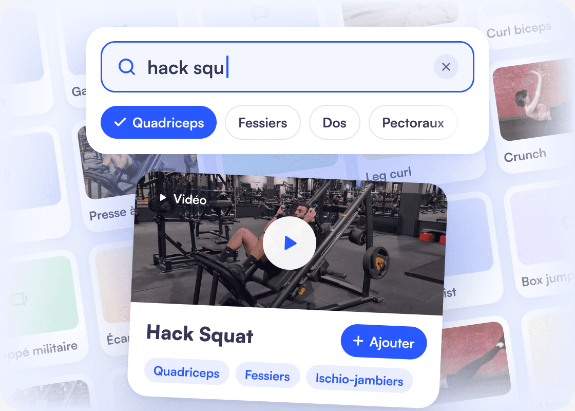 Searching « hack squat » in the exercise library, filtered on quads, with the exercise video.