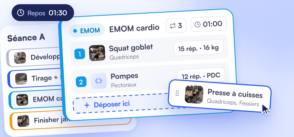 Coachly session editor: collapsed blocks with their type, an expanded EMOM and an exercise dragged from the library.