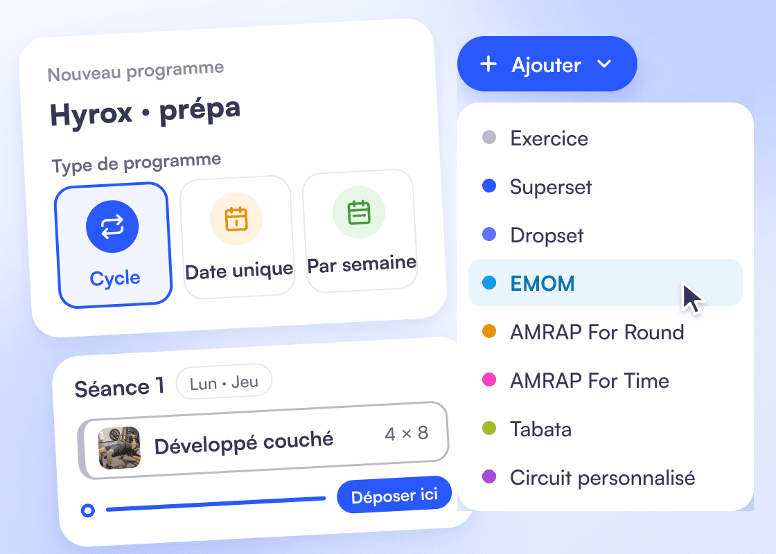 Creating a programme in Coachly: choosing its type (cycle, single date, weekly) and the menu of block formats.