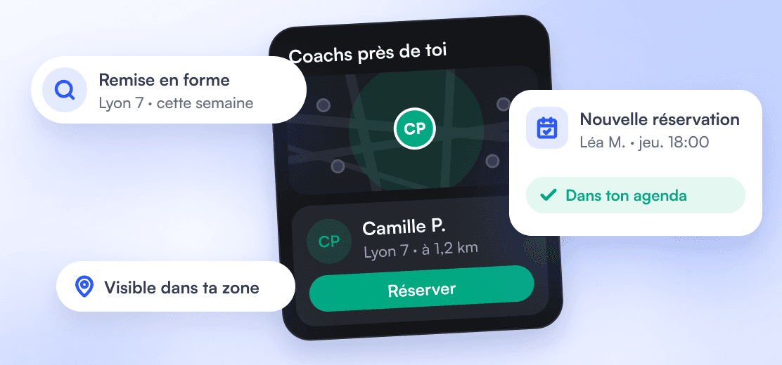 In the athlete app, a “Back in shape” search in Lyon 7 shows Camille P.’s profile on the map of nearby coaches, 1.2 km away, with a “Book” button; on the coach’s side, Léa M.’s Thursday 6 pm booking lands in the calendar.
