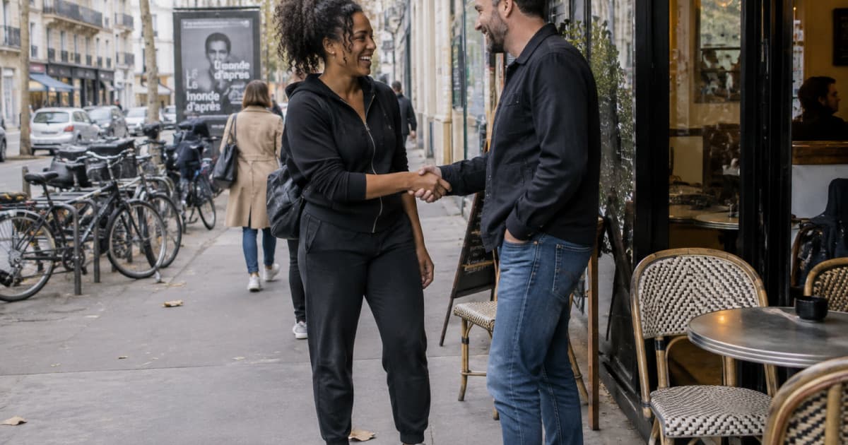 A personal trainer greeting a new client outside a neighbourhood café