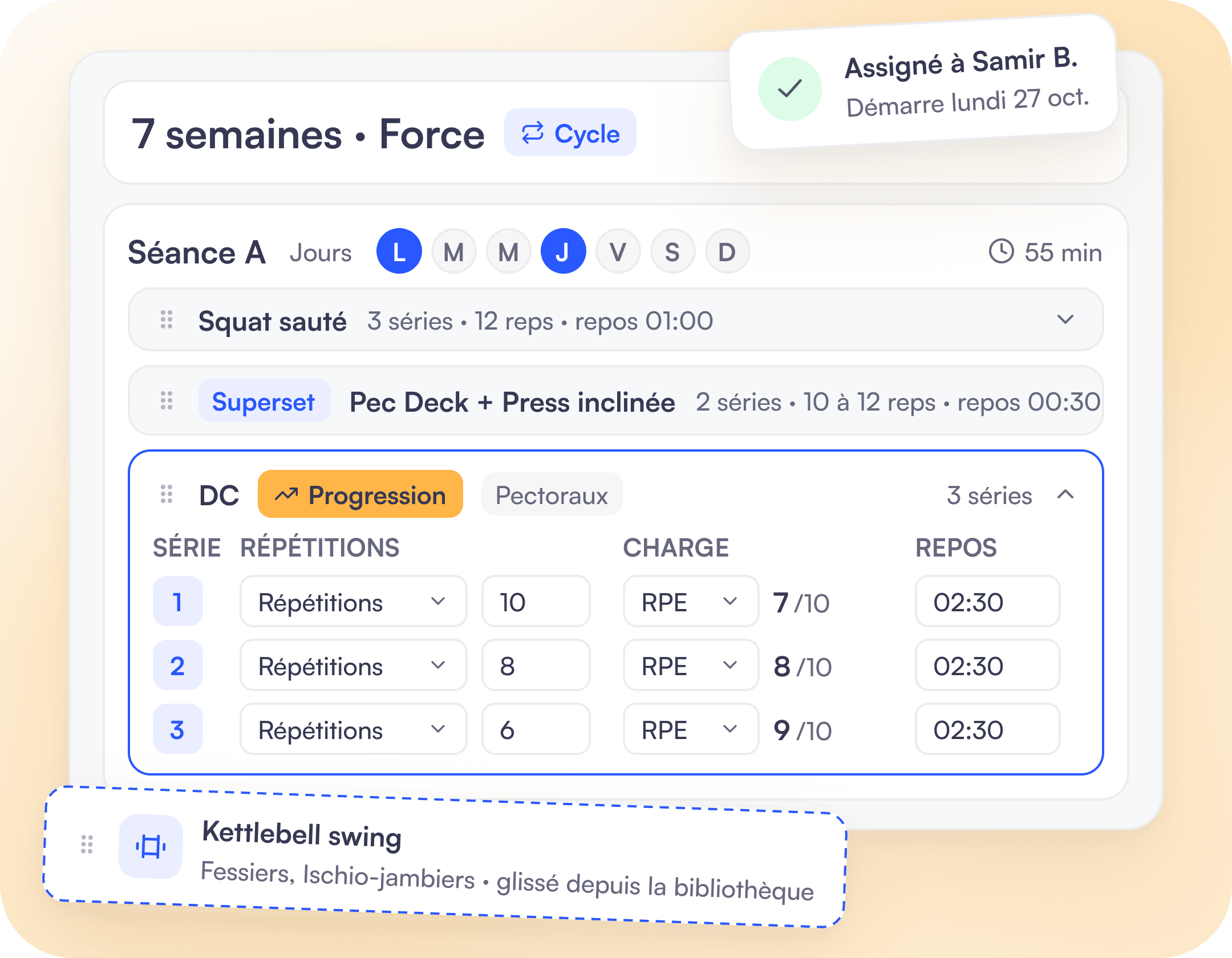 « 7 weeks · Strength » programme: session A with an expanded exercise (sets, reps, RPE, rest), an exercise dragged from the library and the programme assigned to Samir B.