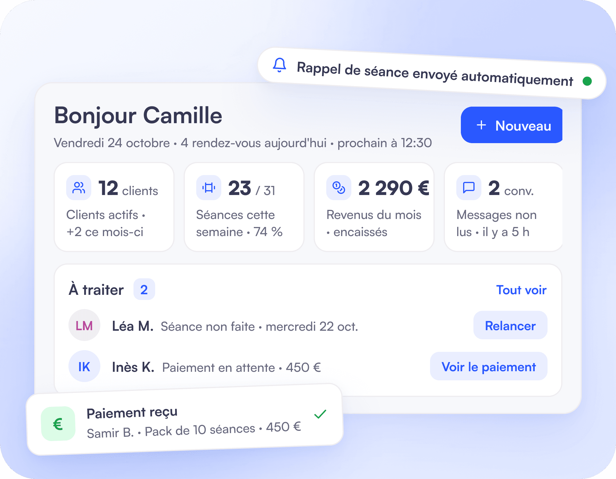 Camille’s dashboard: active clients, sessions this week, monthly revenue and tasks to handle, with a session reminder sent automatically and a payment received from Samir B.