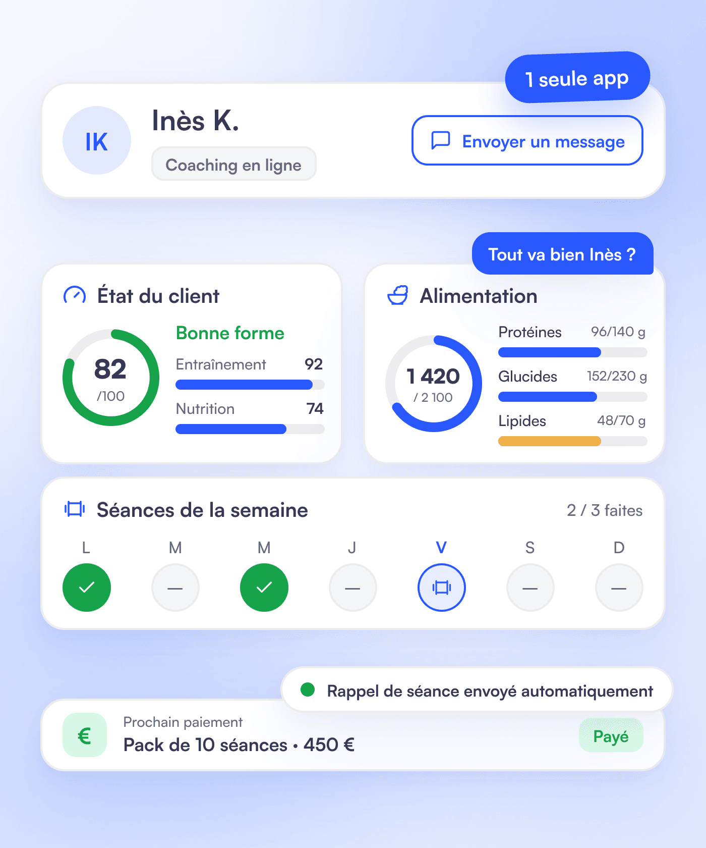 With Coachly: Inès K.’s profile brings together her fitness score, her nutrition, her sessions of the week, a message, an automatic reminder and her paid pack.